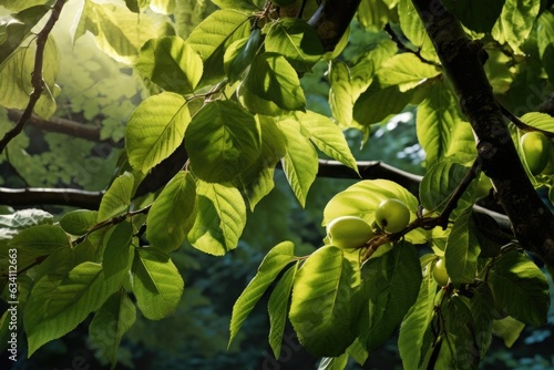 sunlight filtering through apple tree leaves
