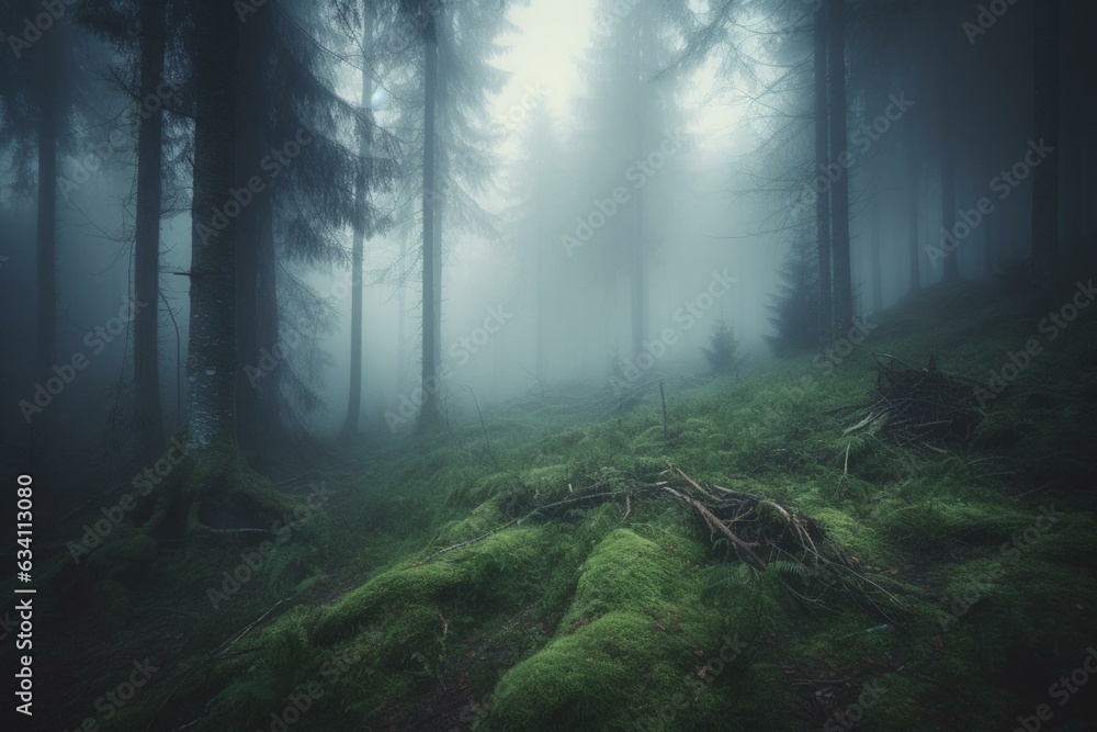 Eerie green misty forest with alien vibe and fog in a haze. Generative AI