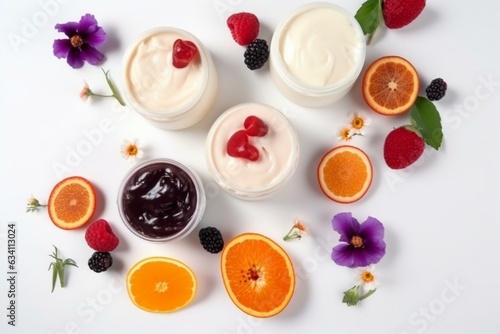 Cream with natural fruit and flower extracts on a white background, arranged in a flatlay. Ideal for spa use. Generative AI