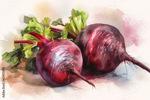 Close-up of red beets in an watercolor style. Generative AI