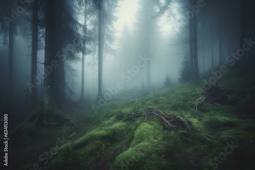 Eerie green misty forest with alien vibe and fog in a haze. Generative AI