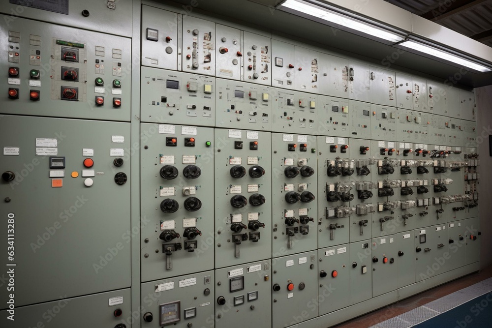 High-res switchgear panel in power plant substation. Generative AI