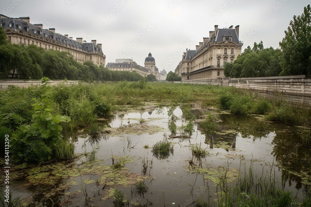 Abandoned flooded Paris overrun by plants, depicting climate change and environmental impact. Generative AI