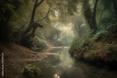 A mystical woodland river. Generative AI