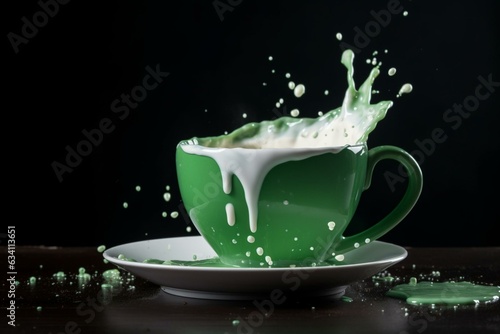 Milk splashes as green cup spills. Generative AI