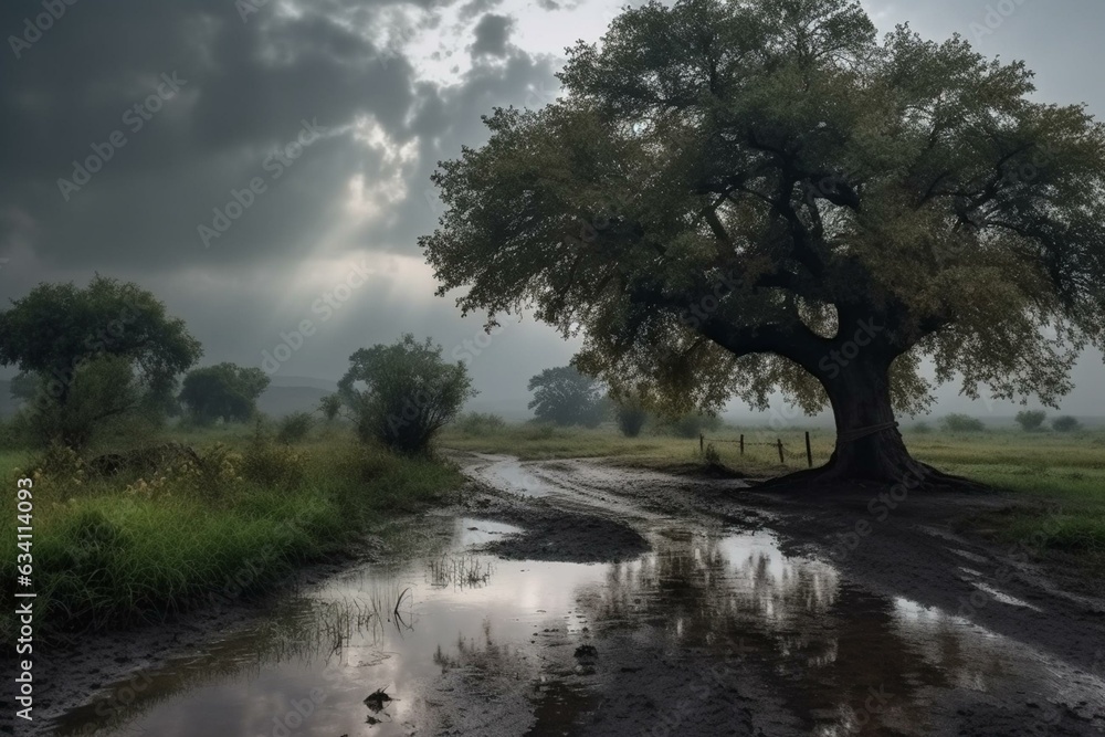 Rainy landscape with an old tree. Generative AI