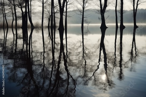 Background with tree shadows over a gray lake. Generative AI