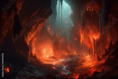 An underground gem mine with a molten lava cave, deep cavern, and big stalactite. Concept art scenery for a book illustration or video game scene, created with serious digital painting. Generative AI