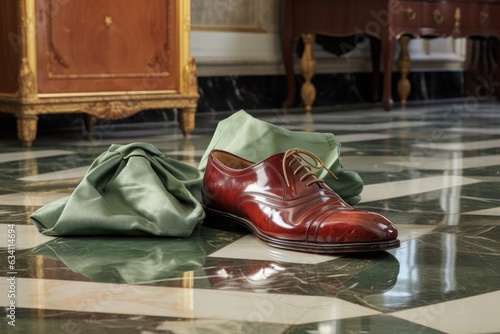 polishing shoes with cloth on marble floor