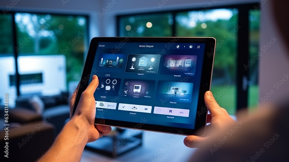Smart home house concept. Remote control, home management and IOT, connection with devices through home network via Internet of things. Futuristic innovative technology augmented reality Smart home house concept. Remote control, home management and IOT, connection with devices through home network via Internet of things. Futuristic innovative technology augmented reality