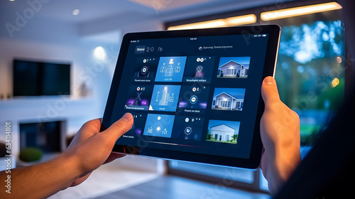 Smart home house concept. Remote control, home management and IOT, connection with devices through home network via Internet of things. Futuristic innovative technology augmented reality