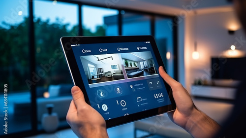 Smart home house concept. Remote control, home management and IOT, connection with devices through home network via Internet of things. Futuristic innovative technology augmented reality
