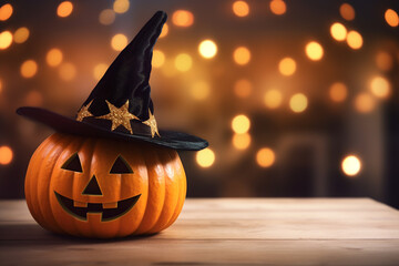 jack o lantern with a witch hat, wizard hat, pointy hat,  pumpkin with a funny face, carved pumpkin, halloween decoration, on a wooden table, cute pumpkin, lantern, jack