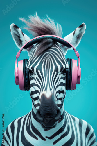 Portrait of zebra with headphones. AI generative art
