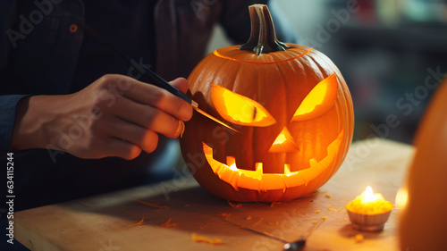 Hands carving a pumpkin, decorating for halloween, jack o lantern, close up of a man's hands carving a pumpkin for halloween, autumn, fall, decoration, candles, tradition photo