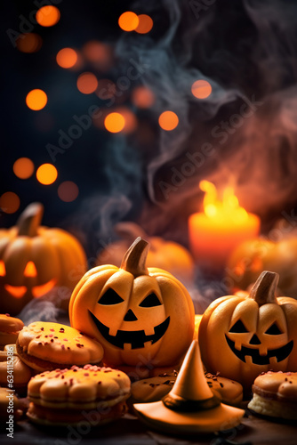 cookies and shortbreads with jack o lantern in the background, halloween treats, autumn cakes and sweets, halloween party, bakery, cookies cake and shortbread with pumpkin decoration photo