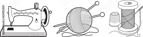 Linear sewing and needlework logos. Vector illustration of  a ball of threads and knitting needles, a sewing machine, a spool of thread and a needle.