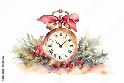 Vintage watercolor clock with bow, Christmas berries and pine needles. Isolated on white. For design, print or background. Five minutes to midnight. Generative AI photo