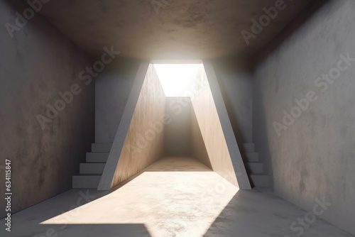 A triangular concrete tunnel with stairs  empty space  and sunlight coming in from a hole. Rendered in 3D. Generative AI