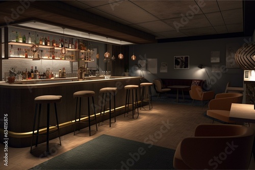 A 3D model of a lounge bar's indoor space. Generative AI