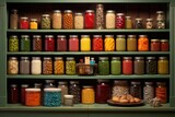 colorful assortment of canned goods on pantry shelf