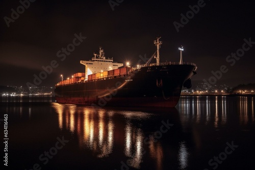 Large freighter anchored in dark port at night. Generative AI
