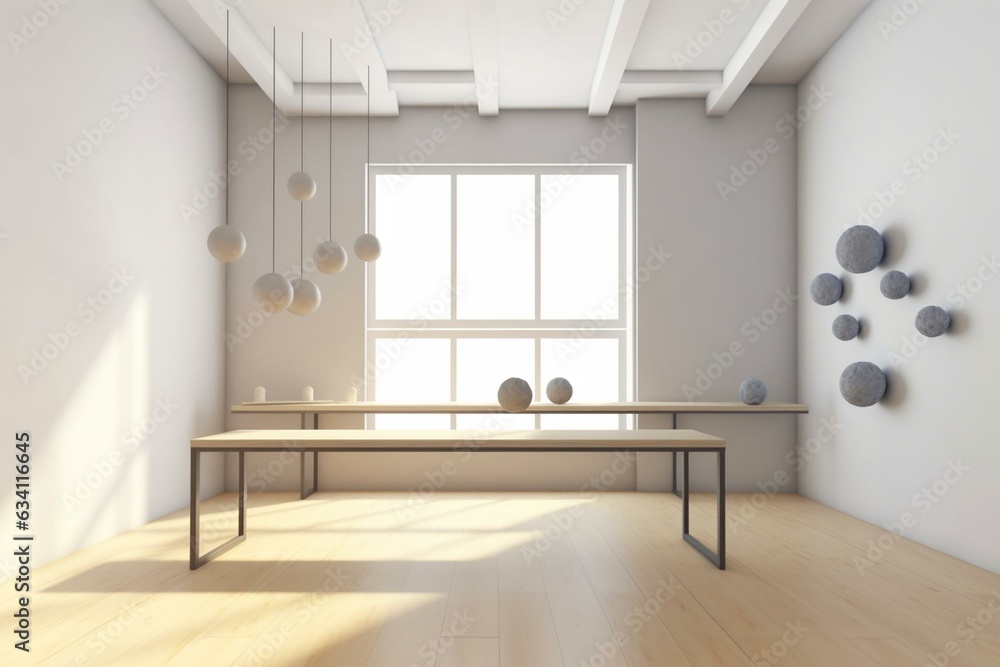 A 3D business concept room with empty walls, balanced with spheres, cubes and a table. Clean apartment with a window. Generative AI