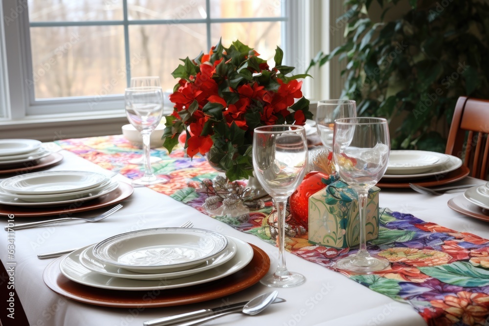 holiday table setting with festive napkins and centerpiece