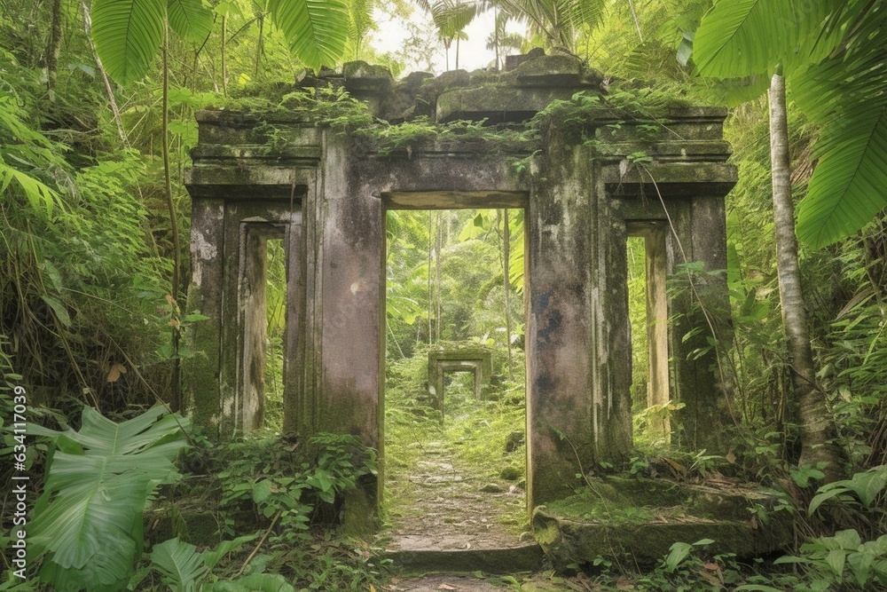Abandoned gateway and crumbling remnants overtaken by foliage in tropical wilderness. Generative AI
