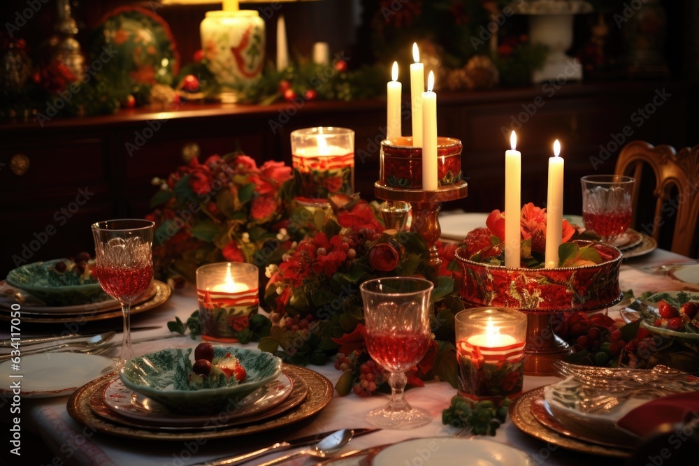 table setting with holiday-themed plates and candles