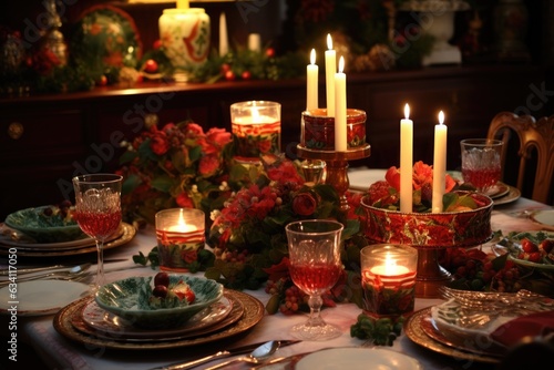 table setting with holiday-themed plates and candles