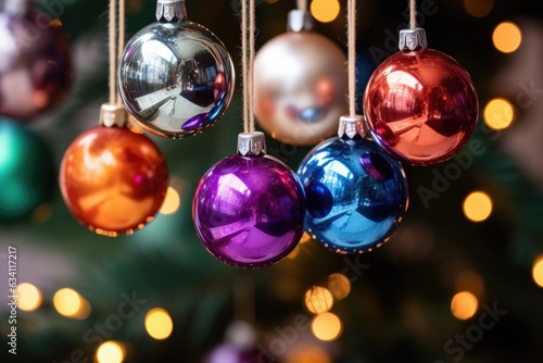 close-up of colorful baubles on a christmas tree