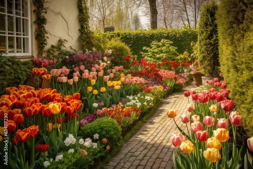 Spring garden with colorful tulips and leisure time. Generative AI