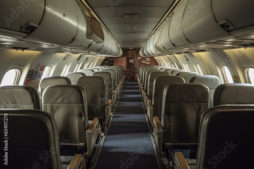 Interior view of airplane cabin. Generative AI