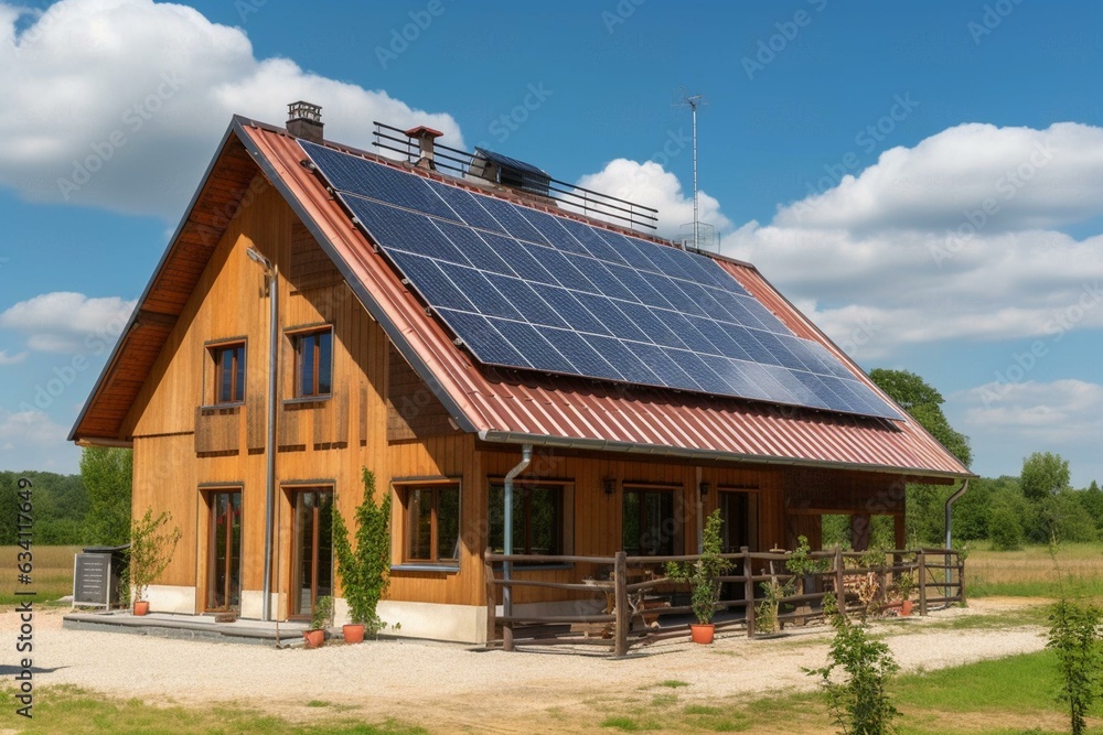 Modern barn roof covered with solar photovoltaic panels. Generative AI