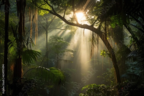 rainforest canopy with morning sunlight filtering through