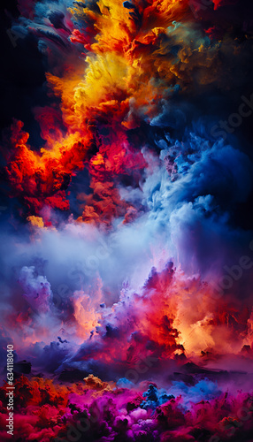 Colorful explosions of purple, red, blue, yellow, smoke futuristic background . Fantasy sky with colorful clouds texture. Backdrop for fairytale, Halloween horror card. Armageddon video game backdrop.