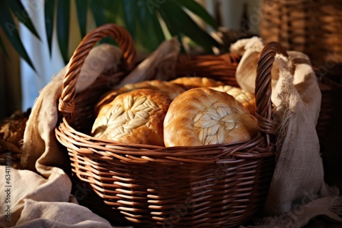 artisan bread loaves in a wicker basket