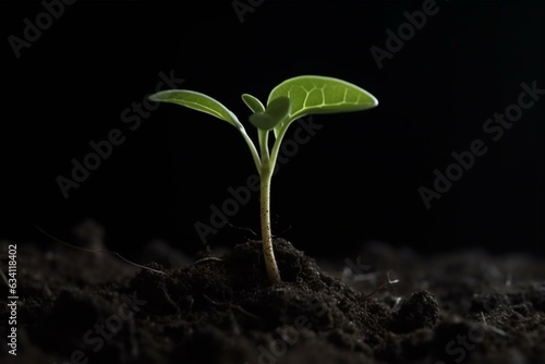 Young plant growing in black soil for environment and ecology, in 4k resolution. Generative AI