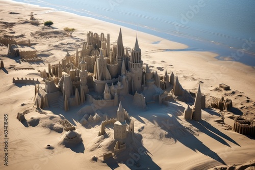 aerial view of various sandcastle shapes on beach