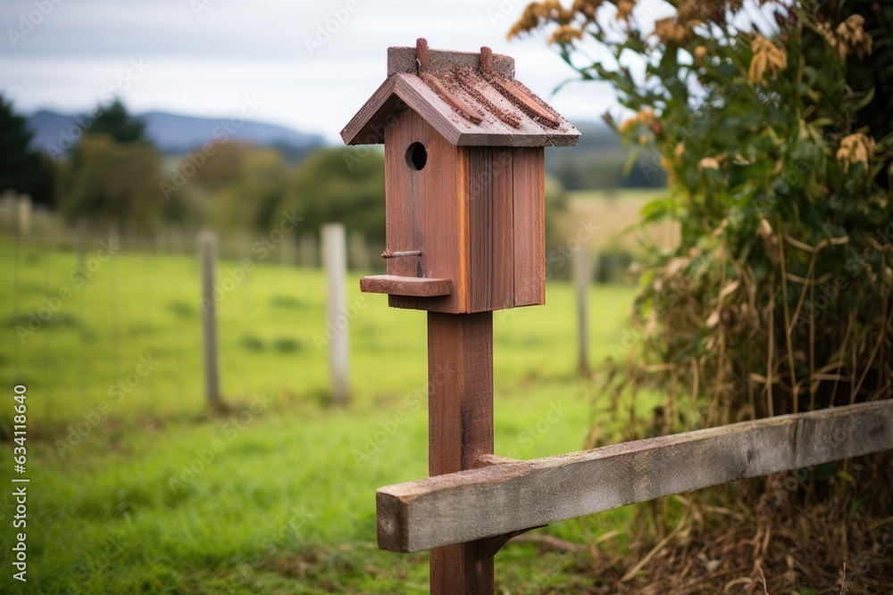 wooden bird feeder mounted on a fence post wooden bird feeder mounted on a fence post
