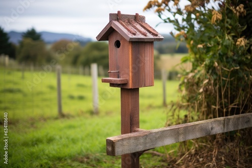 wooden bird feeder mounted on a fence post