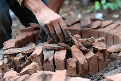 close-up of hands placing bricks for fire pit base © altitudevisual