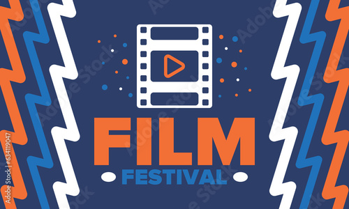 Film Festival. Movie Award. Cinematography event. Cinema premier graphic. Video production studio. Filmmaking art. Filmstrip logo. Show and entertainment. Vector illustration. Poster design