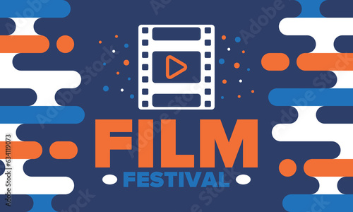 Film Festival. Movie Award. Cinematography event. Cinema premier graphic. Video production studio. Filmmaking art. Filmstrip logo. Show and entertainment. Vector illustration. Poster design