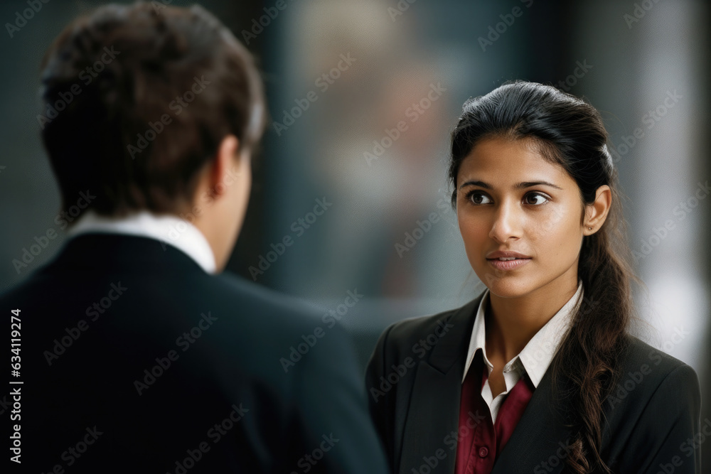 indian woman talking to a co worker in the office indian woman talking to a co worker in the office