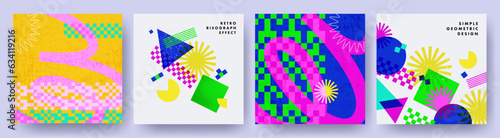 Abstract Set banner, cover, poster or poster  in modern minimal style for corporate identity, branding, social media advertising, promo. Trendy geometric design template with retro risograph effect