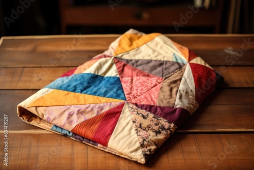patchwork quilt folded on a wooden table