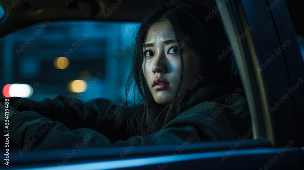 Asian woman looking pensively out of a car, ominous Asian woman looking pensively out of a car, ominous