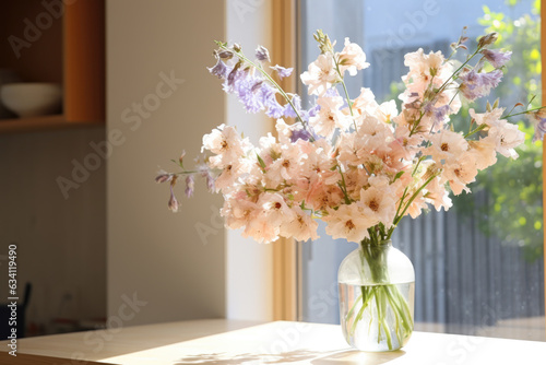 A vase of flowers on a wooden table in a bright room. The vase is a clear glass jar with a green stem and leaves visible through it. The flowers are a mix of pink and white cherry blossoms